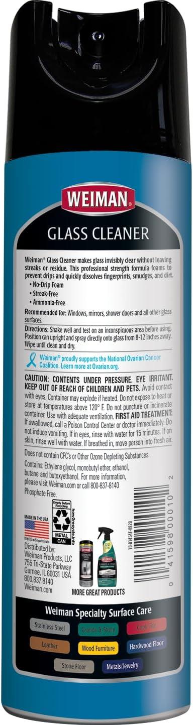 image:imageWeiman Glass Cleaner Aerosol Spray for Windows Mirrors Shower Doors No Drip Foam Residue amp Streak Free Shine Ammonia Free Dissolves Fingerprints Smudges amp Dirt 19 Oz Pack of 2