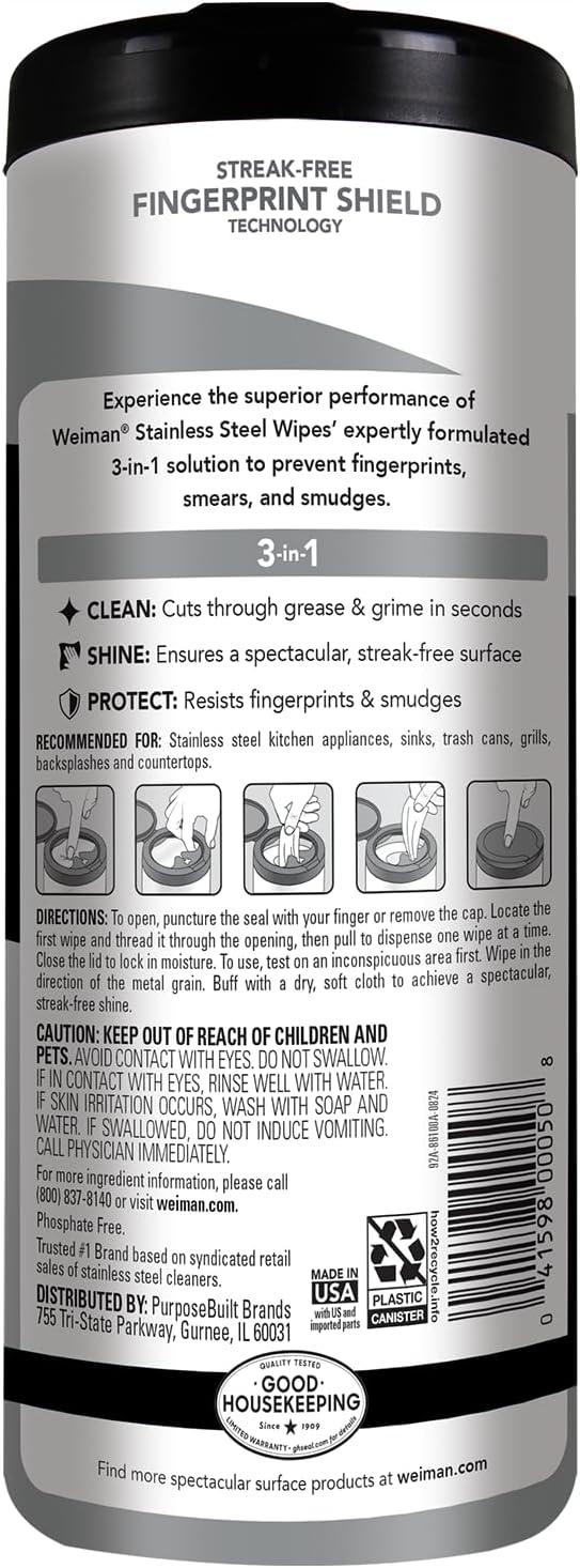 image:imageWeiman Stainless Steel Cleaner amp Polish Kit 2 Wipes amp Cloth AntiFingerprint Removes Grease Water Spots Streaks amp Residue Polishing Cleaner Safe for Appliances Chrome Sinks amp Grill Exteriors30 Count Pack of 2