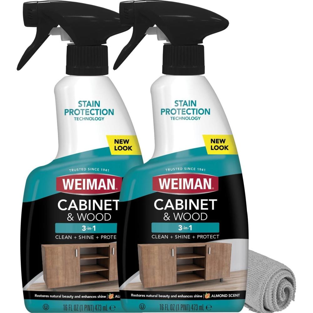 image:imageWeiman Cabinet amp Wood Clean amp Shine Spray Furniture Kitchen Cabinets Baseboard amp Trim Fresh Almond Scent Microfiber Cloth Included16 fl oz Pack of 2