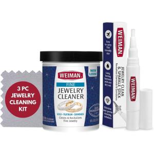 Weiman Fine Jewelry Cleaner Kit – 3PC Set, Jewelry Cleaning Liquid, Clean & Sparkle Stick and Polishing Cloth – For Diamonds, Earrings, Gold, Bracelets