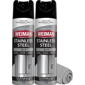 Weiman Stainless Steel Cleaner & Polish, 2 Pack Aerosol, Anti Fingerprint Spray Stainless Steel Cloth, Water Spots & Grease, No Streaks or Residue, Safe for Metal Polish, Chrome, Appliances & Sinks(34 Ounce (Pack of 1))