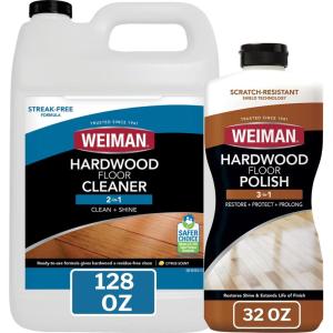 Weiman Wood Floor Polish and Restorer 32 Oz 3PC Bundle – High-Traffic Hardwood Floor, Natural Shine, Removes Scratches, Leaves Protective Layer(128 Oz Cleaner & 32 Oz Polisher)