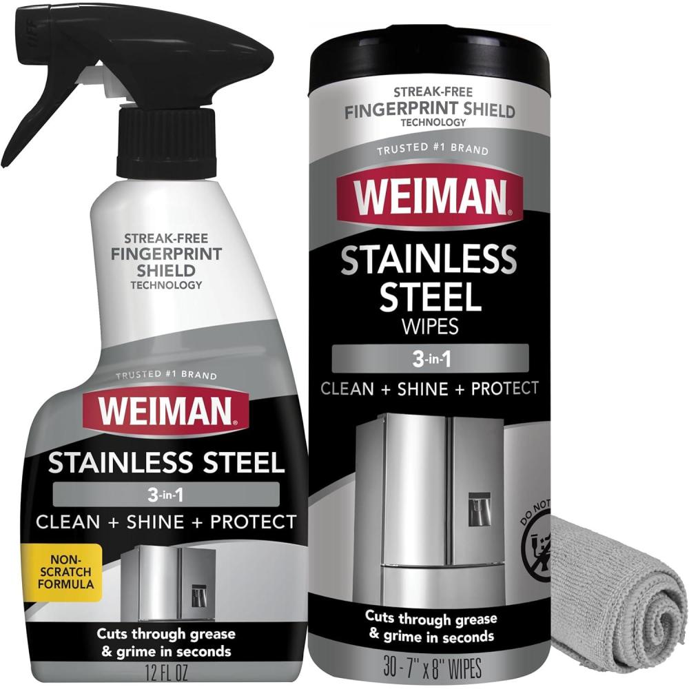 image:imageWeiman Stainless Steel Cleaner amp Polish Kit 3 Piece Spray Wipes amp Cloth AntiFingerprint Removes Grease Water Spots Streaks amp Residue Polishing Cleaner Safe for Appliances Sinks amp Grills