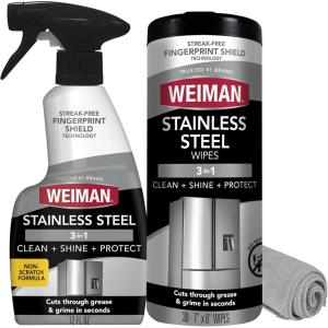 Weiman Stainless Steel Cleaner & Polish Kit, 3 Piece – Spray, Wipes & Cloth, Anti-Fingerprint, Removes Grease, Water Spots, Streaks & Residue, Polishing Cleaner Safe for Appliances, Sinks & Grills