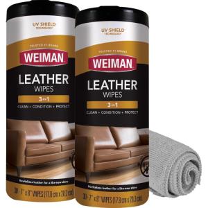 Weiman Leather Cleaner & Conditioner – Cleans, Restores & Protects Leather, UV Protection Prevent Cracking & Fading, For Car Seats, Sofas, Shoes, Bags & All Finished Leather Surfaces, 2 Pack, 60 Wipes