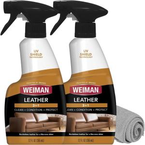 Weiman Leather Cleaner and Conditioner for Furniture – 12 Ounce – 2 Pack – Ultra Violet Protection Help Prevent Cracking or Fading of Leather Couches, Car Seats, Shoes, Purses