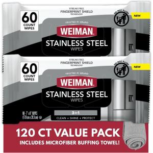 Weiman Stainless Steel Cleaner & Polish Kit, 2 Wipes & Cloth, Anti-Fingerprint, Removes Grease, Water Spots, Streaks & Residue, Polishing Cleaner Safe for Appliances, Chrome, Sinks & Grill Exteriors