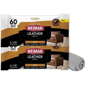 Weiman Leather Cleaner and Conditioner Wipes & Microfiber Towel Kit, Clean, Condition and Restores Leather Surfaces, UV Shield Prevent Cracking & Fading of Leather Furniture, Car Seats, Shoes & Purse